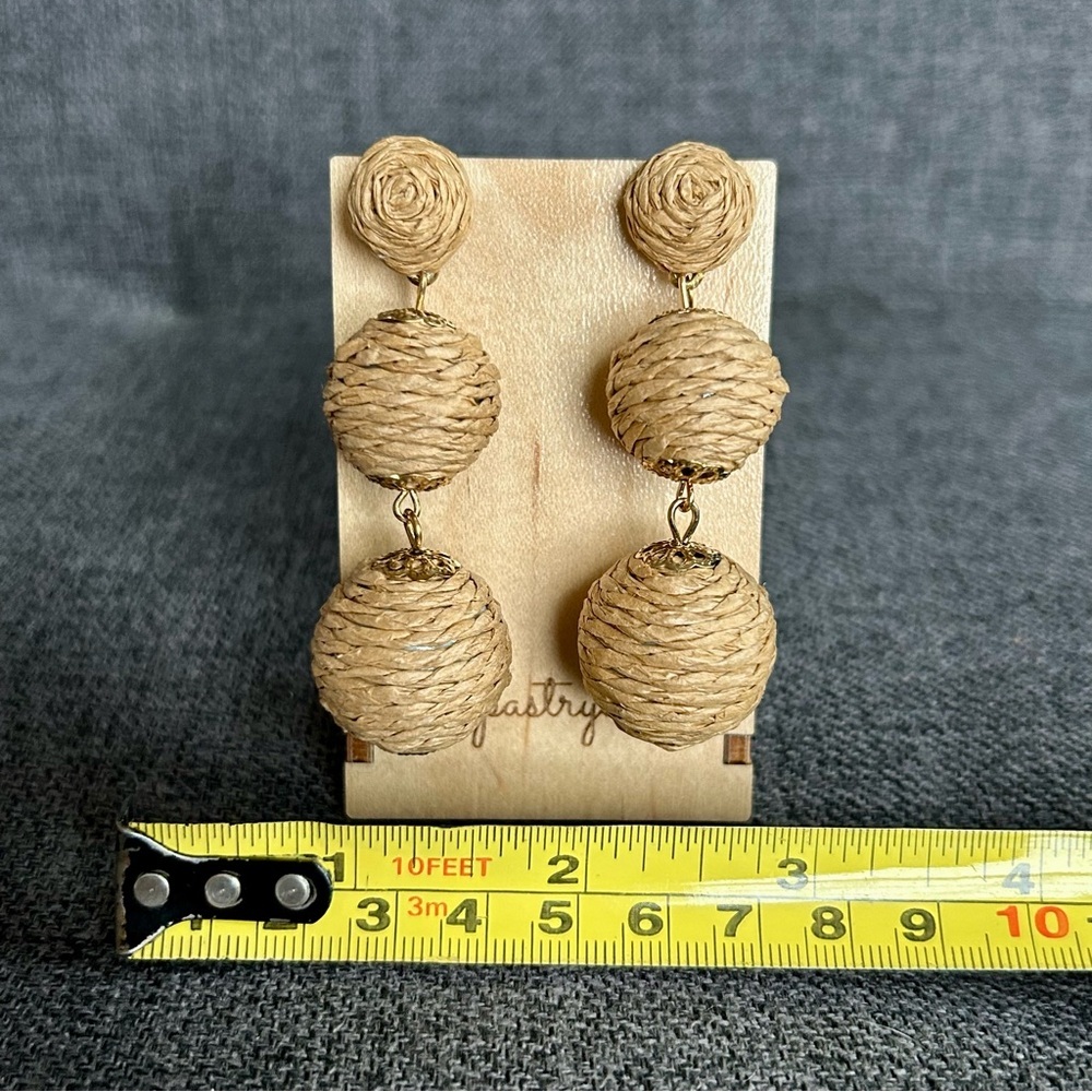 Rattan Covered, Dangling Drop Sphere Stud Earrings, Tan, Gold - Picture 11 of 17